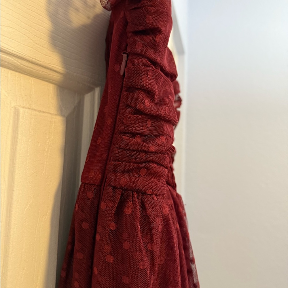 Lulu's Deep Red Tulle Dress with Textured Sleeves - Picture 6 of 7